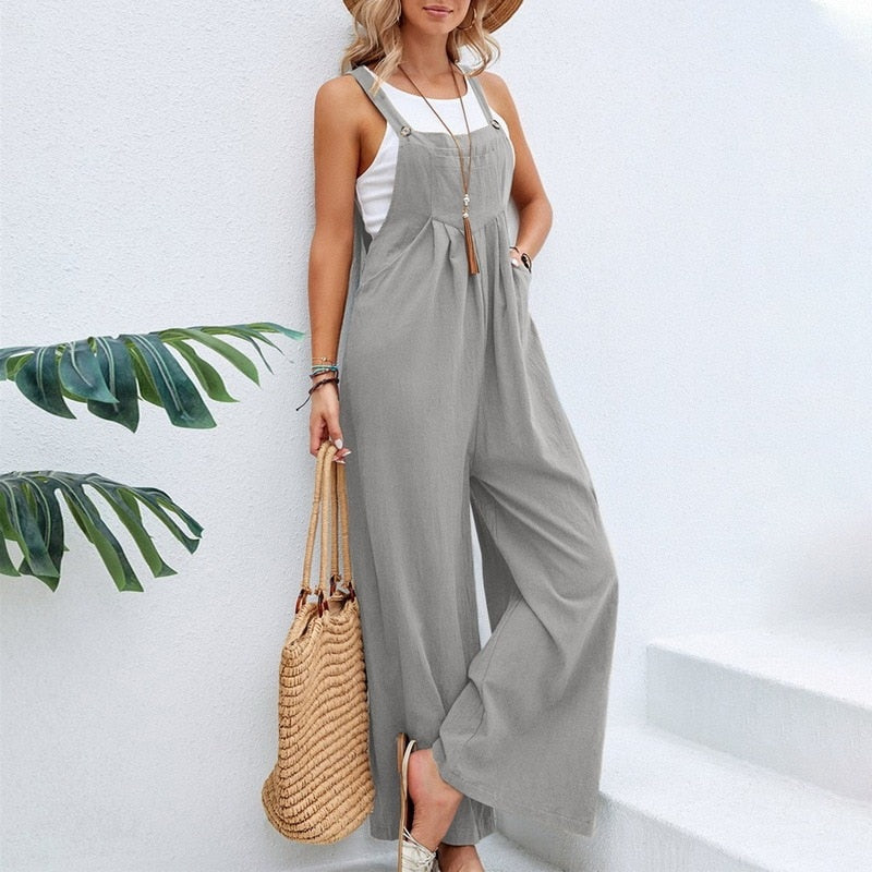 Vintage Cotton Linen Jumpsuit Women 2024 Casual Solid Button Wide Leg Suspender Pants with Pockets Summer Loose Overalls Rompers Grey