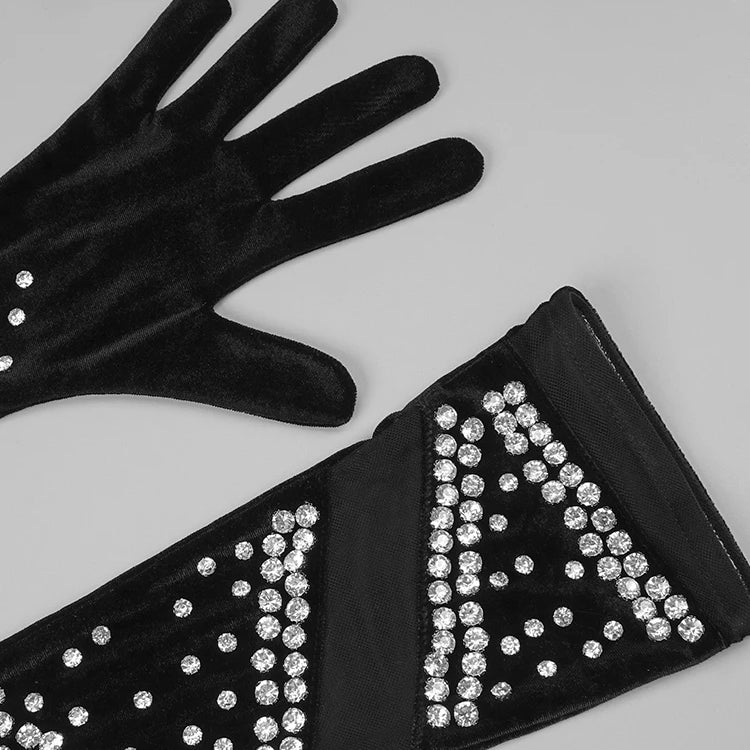 Glimmer Mermaid Prom Dresses Strapless Backless Mesh Patchwork Rhinestones Velvet Maxi Party Evening Dress With Gloves