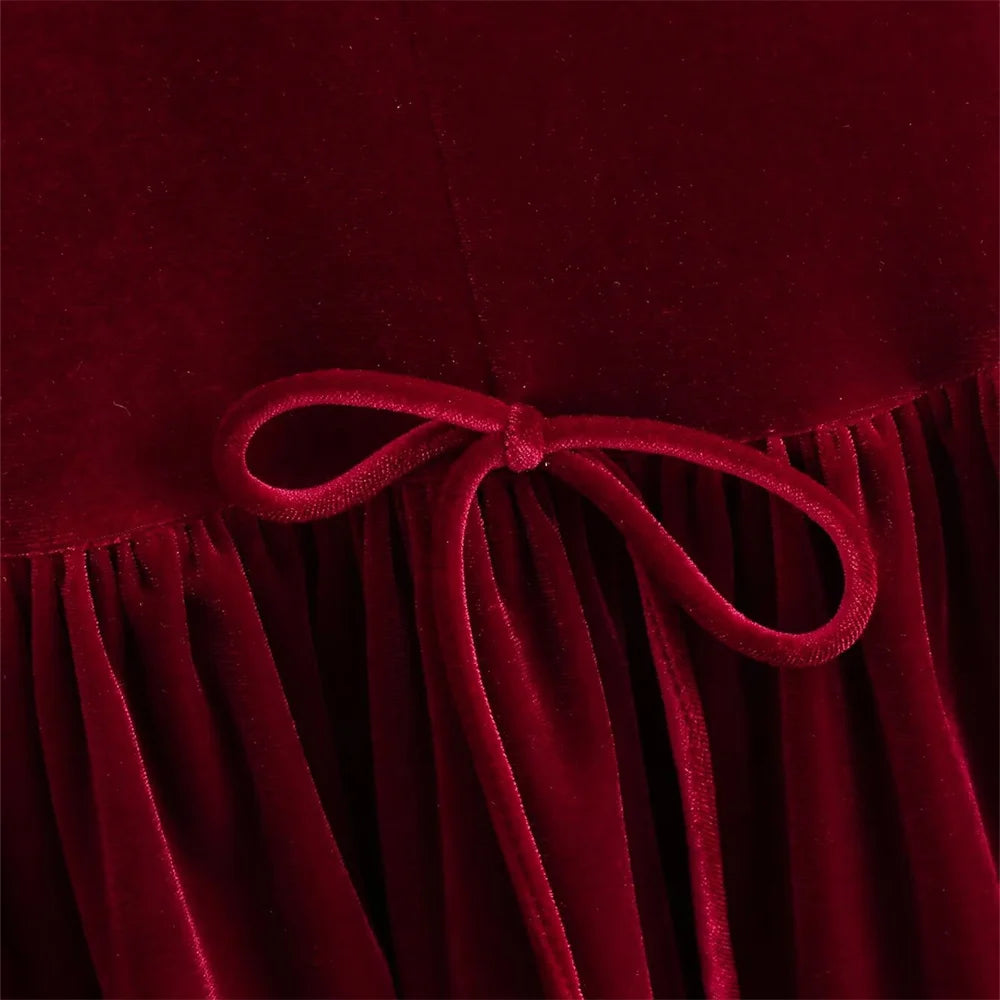 UNIZERA Retro Style Bow Tie Velvet Dress Winter New Round Neck Sleeveless Solid Color Slimming Short Skirt