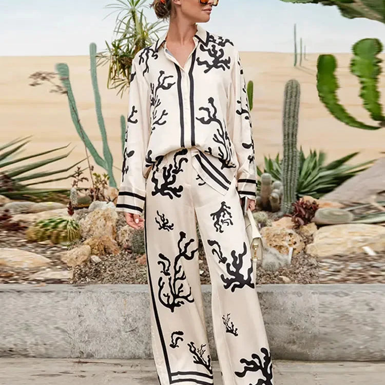 Elegant Women Print Loose Shirt Pants 2 Pieces Set Chic Lapel V Neck Long Sleeve Blouse Straight Pant Suit Casual Lady Outfits White