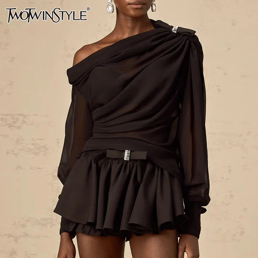 Solid Loose Two Piece Sets for Women Diagonal Neck Long Sleeves Spliced Bow Top Patchwork Ruffles Skirt Female New