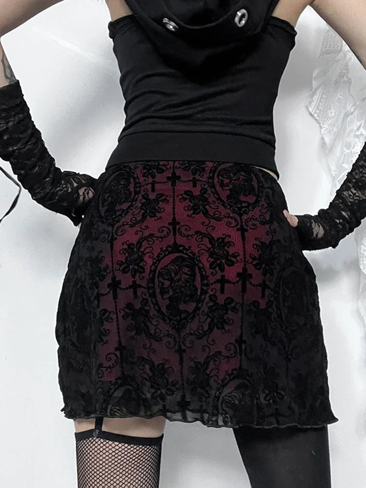 AltGoth Streetwear Elegant Gothic Skirt Women Vintage Emo Alternative Grunge High Waist Flockling Patchwork Mini Skirt Clubwear