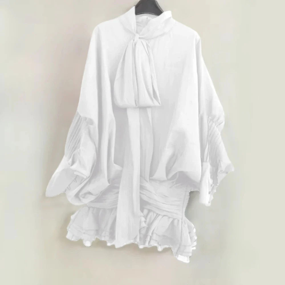 Solid Slimming Fashion Mini Dresses for Women Round Neck Long Sleeves Patchwork Lace Up Temperament Dress Female WHITE