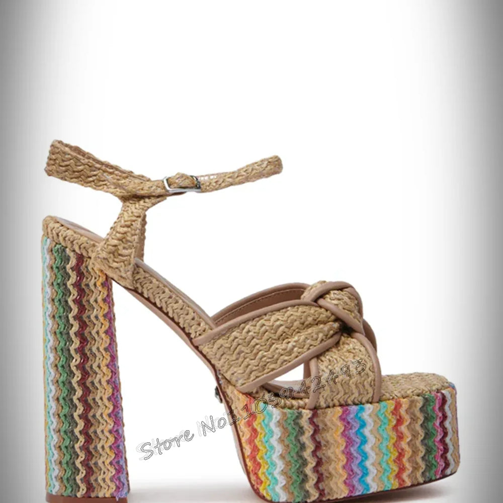 Rainbow Striped Platform Espadrille Wedge Sandals with Ankle Strap Ladies Bohemian Summer Beach Wedding Party Shoes Breathable W