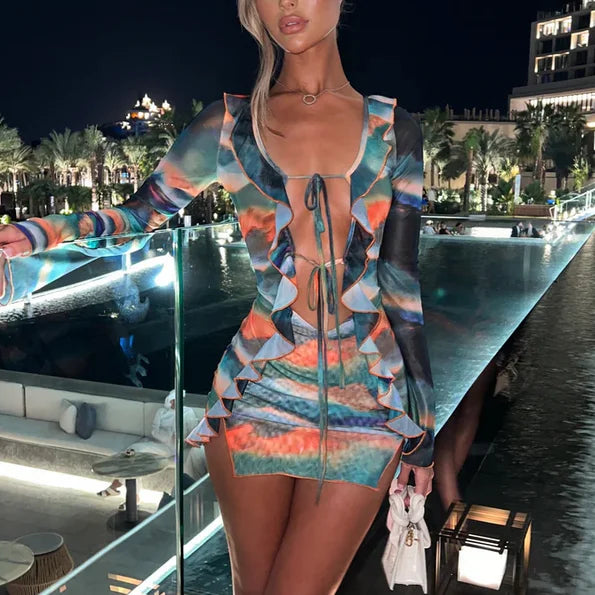 Women Mini Dress Long Sleeve Lacing Tie-dye Print Patchwork Slit Bodycon Dress for Club Party