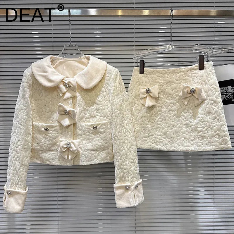 Winter New Fashion Elegant Rhinestone Velvet Quilted Jacket Bowknot Short Skirt Two-pieces Set For Women 11A07528