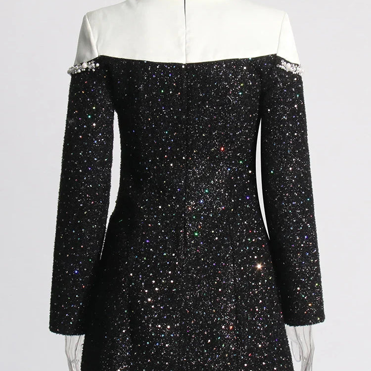 Colorblock Patchwork Sequins Dress For Women Lapel Long Sleeve High Waist Spliced Pearls Elegant Dresses Female New