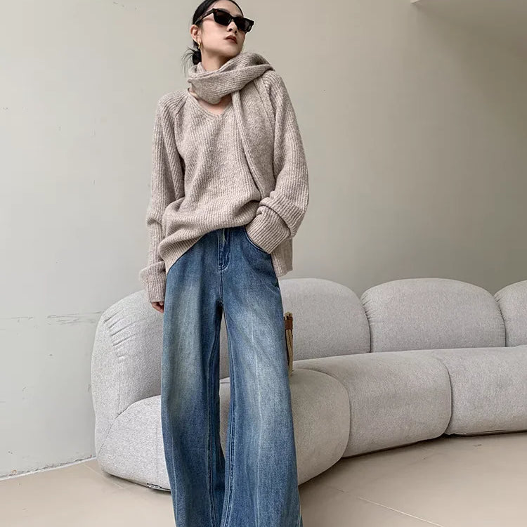 Spring Women's Casual Style Harajuku Jeans Vintage High Waist Oversized Blue Pants Y2K Wide Leg Punk Baggy Denim Trouser