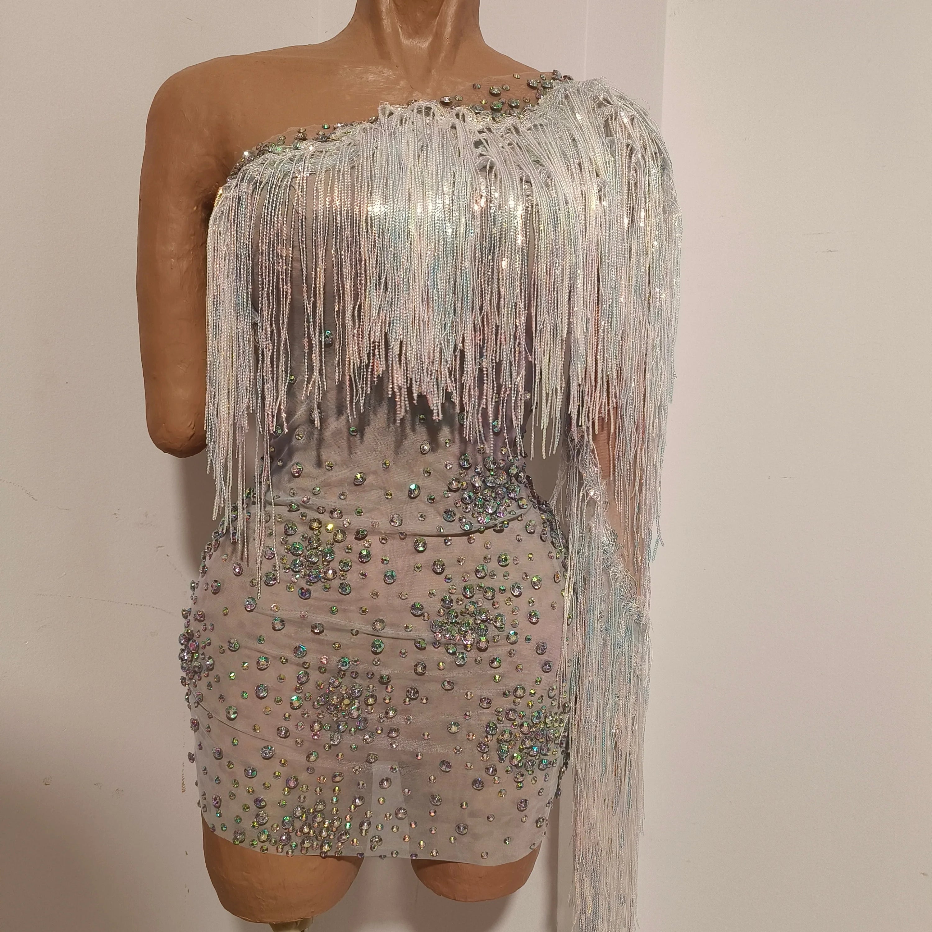 Glamorous Nude Sheer Mesh Dress Women Long Sleeve Flowy Rhinestone Fringe Embellished Nightclub Party Dance Performance Outfit