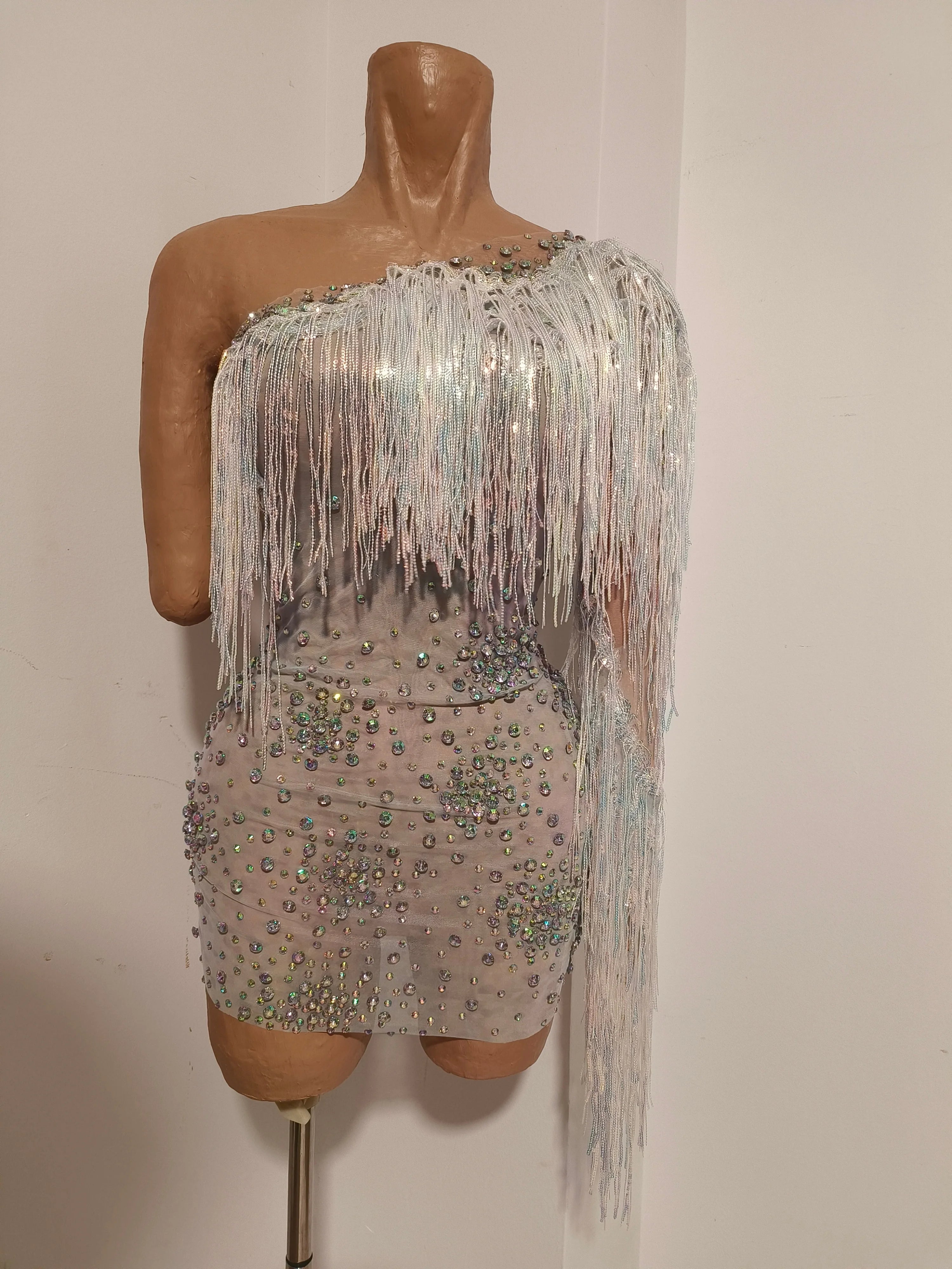 Glamorous Nude Sheer Mesh Dress Women Long Sleeve AB Rhinestone Fringe Embellished Nightclub Party Dance Performance Outfit