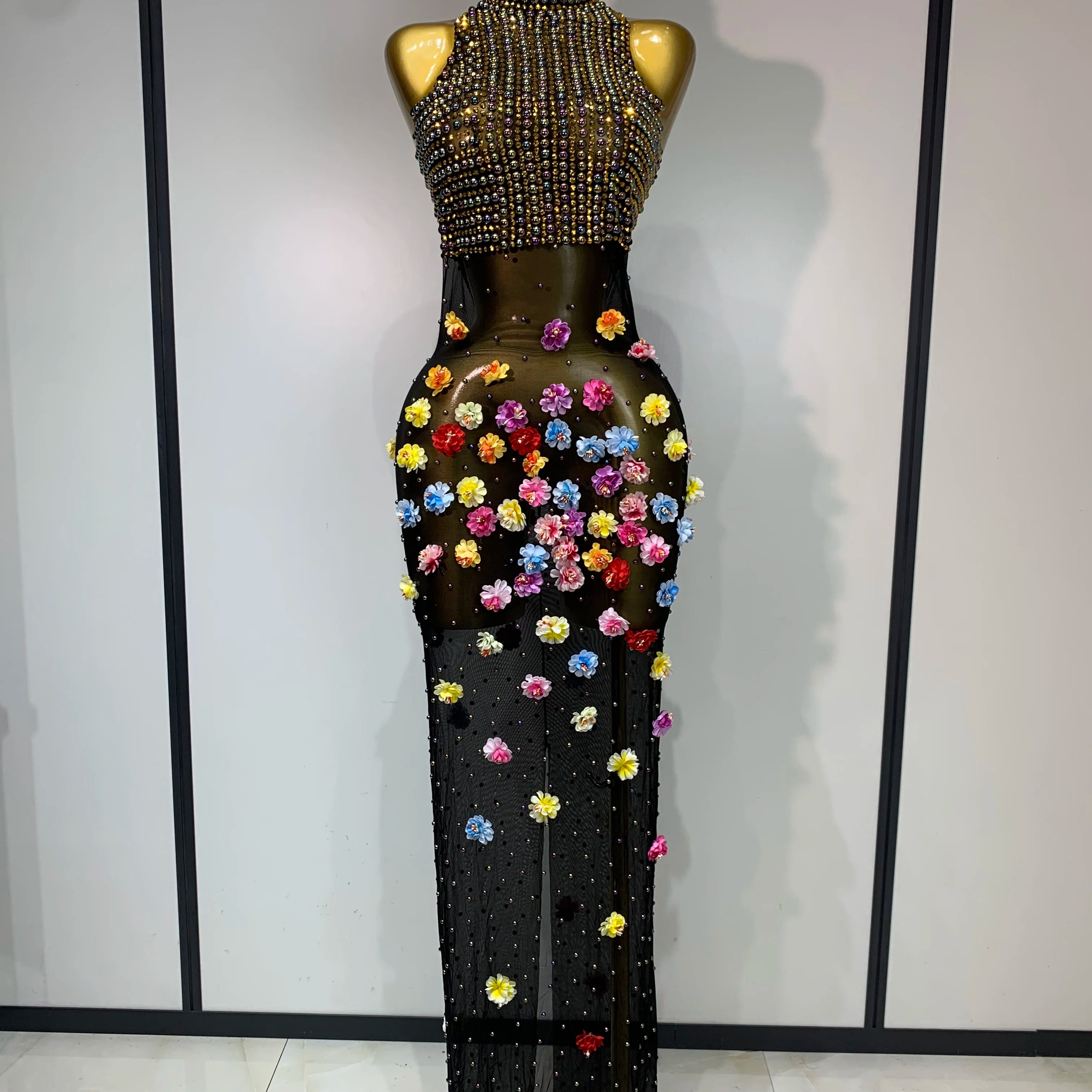 Luxury Rhinestones Flowers Sexy See Through Long Dress 2025 Elegant Evening Party Birthday Wedding Guest Dress Club Stage Outfit black