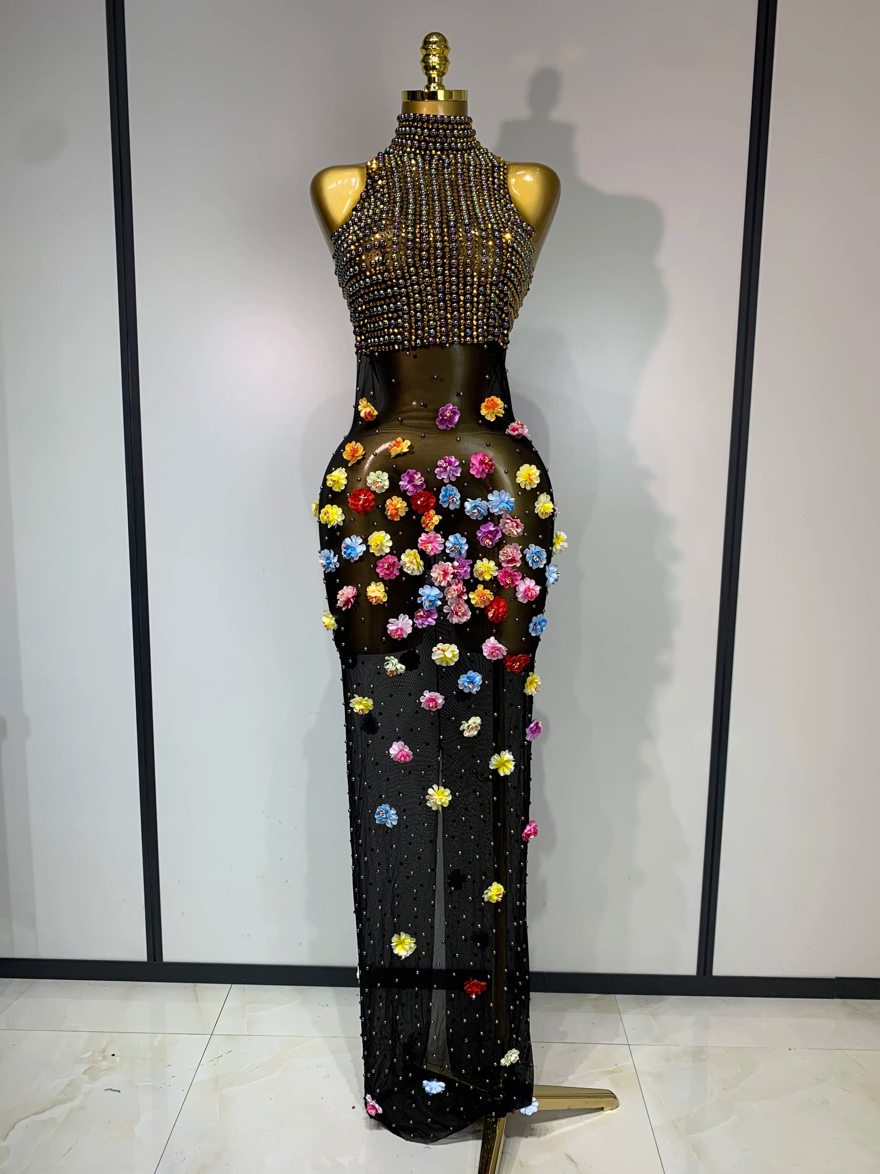 Luxury Rhinestones Flowers Sexy See Through Long Dress 2025 Elegant Evening Party Birthday Wedding Guest Dress Club Stage Outfit black