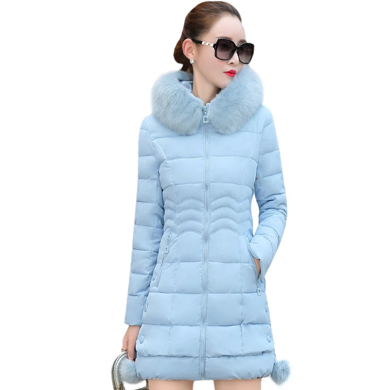 Winter Jacket Women winter coat pure color casual Fur Collar Hooded long hooded cotton lady jacket SKY BLUE