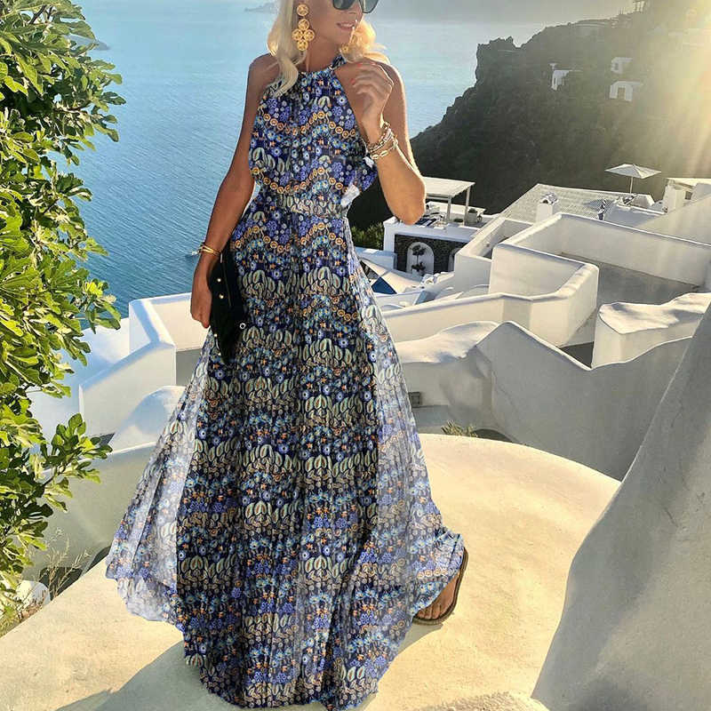 Summer Women Boho Polka Dot Print Chiffon Pleated Maxi Dress - New Femme Sleeveless Maxi Boho Vacation Outfits Lady Clothing Blue Print