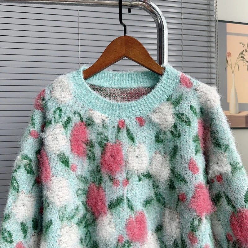 Autumn Winter New Fashion Heavy Industry 3D Pink Flower Pullover Sweater For Women Loose Lazy Style Knitted 11A07837