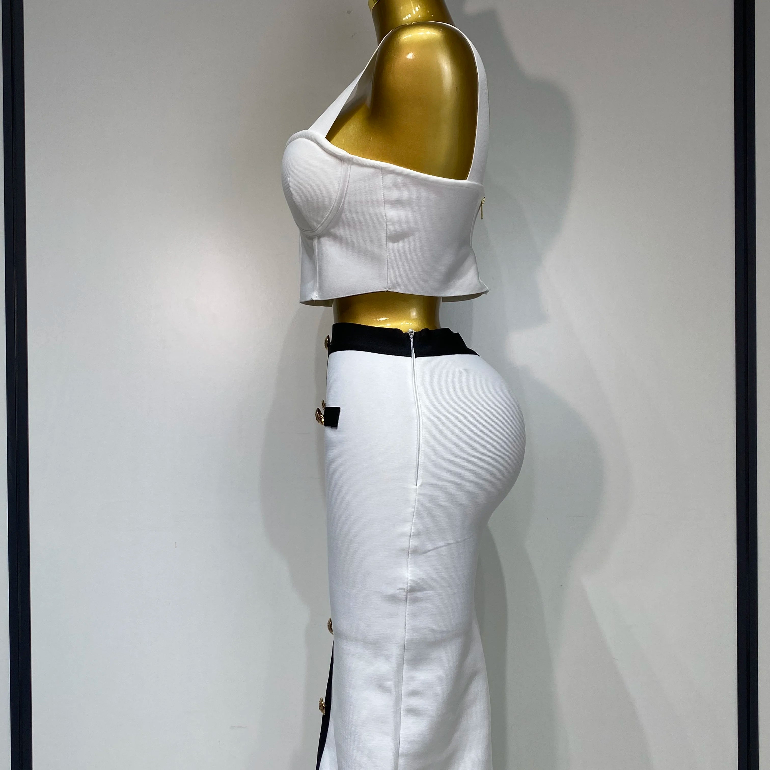 Women Button Patchwork White Black Bodycon Bandage Two Piece Set 2025 Designer High Waist Party Club Skirt Set