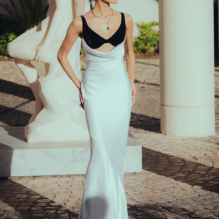 Women Cut-out Long Dress Temperament Contrast Color Combo V Neck Suspender Backless Slit Slim Mermaid Party Evening Gowns