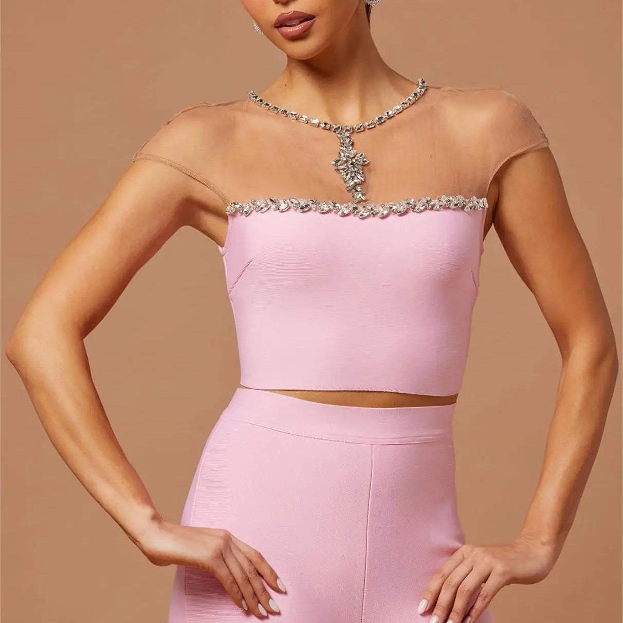 New Fashion Pink Color Women Sexy Mesh Crystal Tops Bandage Pants 2 Pieces Bodycon Set High Street Evening Party Set