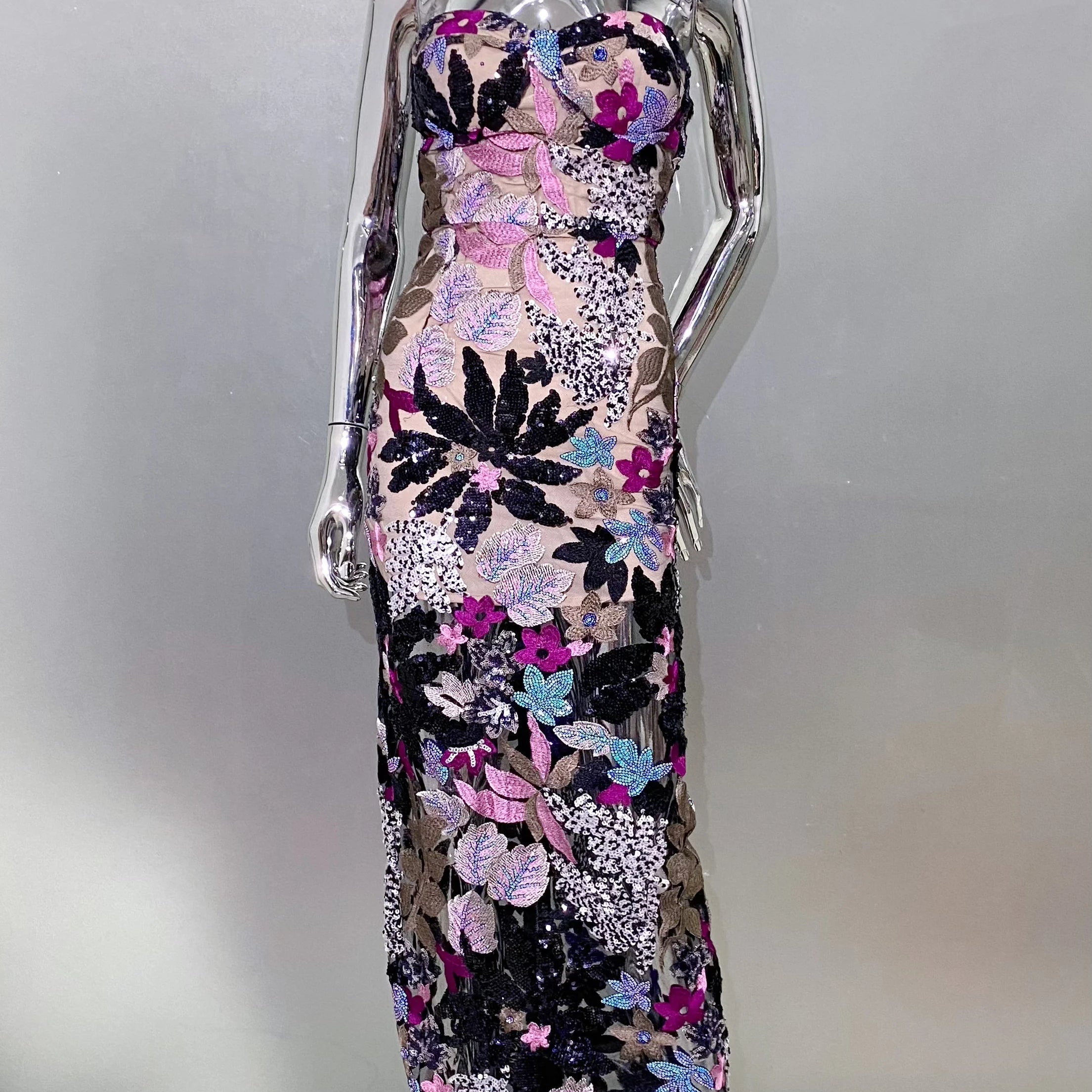 Sequin Flowers Embroidery Sexy Mesh See Through Strapless Ankle Length Dress Elegant Woman Evening Dress Celebrity Party Outfit PURPLE