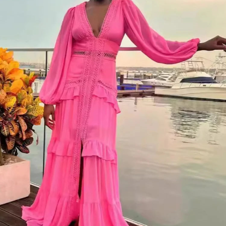 Women Elegant Layered Ruffles Patchwork Long Dress Chic V Neck Puff Full Sleeves Split Maxi Dresses Fashion Lady Party Robes