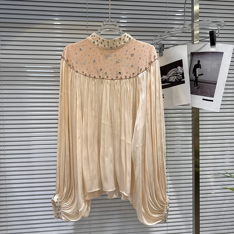 Winter New Fashion Diamond Design Loose Heavy Chiffon Blouse For Women Casual Versatile Shirts Female Trend 11A07689