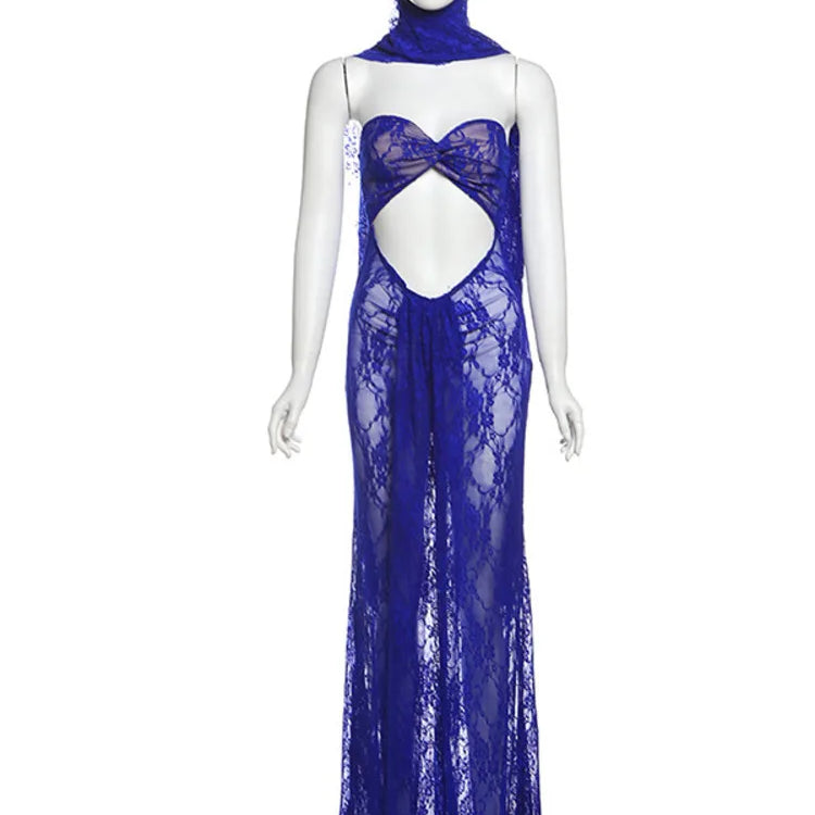 Lace See Through Strapless Sexy Maxi Dress For Women Gown Halter Hollow Out Sleeveless Backless High Split Long Dress Blue