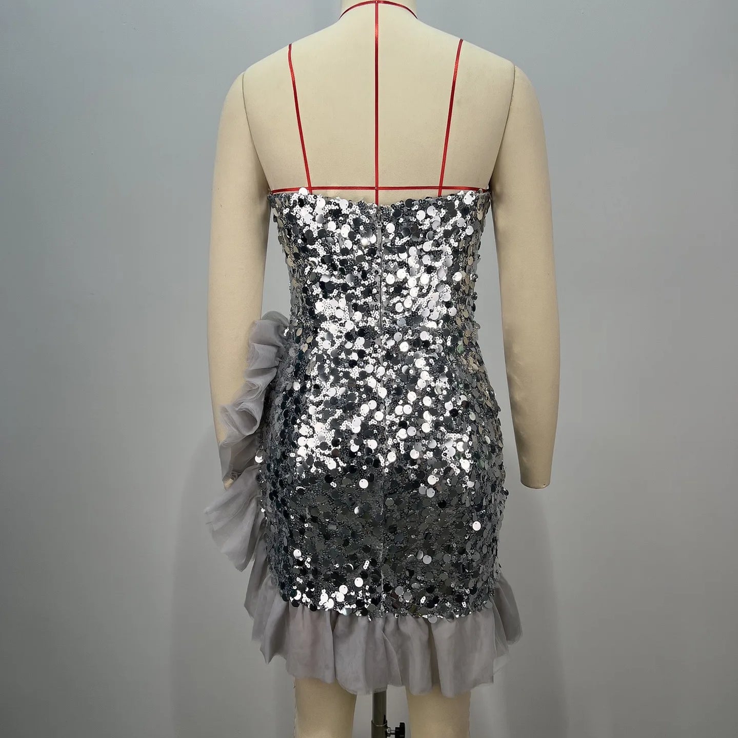 2024 Sliver Sequins Sexy Deep V Strapless Falbala Mini Dress Fashion Woman Evening Party Dress Celebrity Birthday Party Outfit