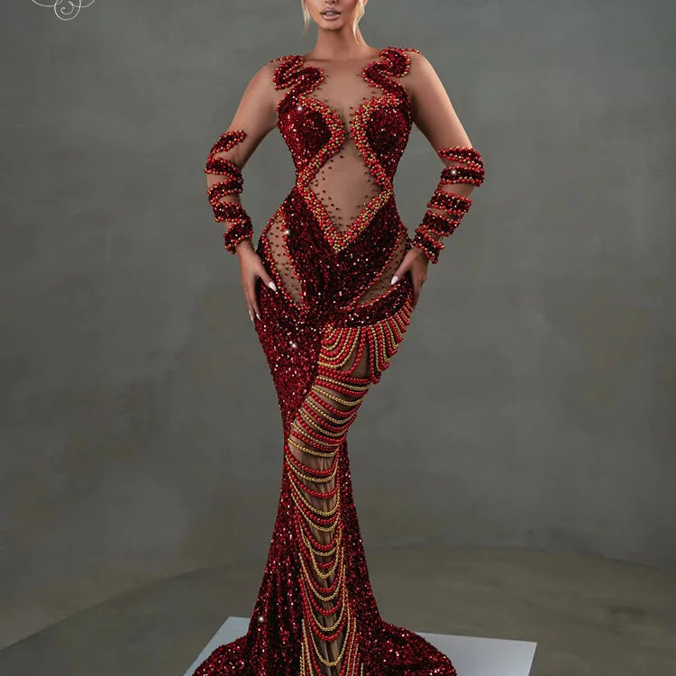 VC Red Shiny Sequins Pearl Chain See Through Mesh Long Dress Long Sleeves Beading Maxi Elegant Party Evening Gowns Vestido