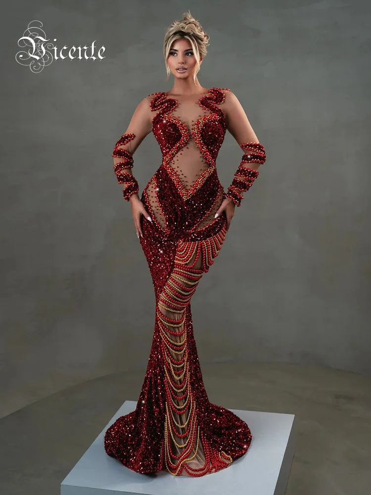 Red Shiny Sequins Pearl Chain See Through Mesh Long Dress Long Sleeves Beading Maxi Elegant Party Evening Gowns Vestido