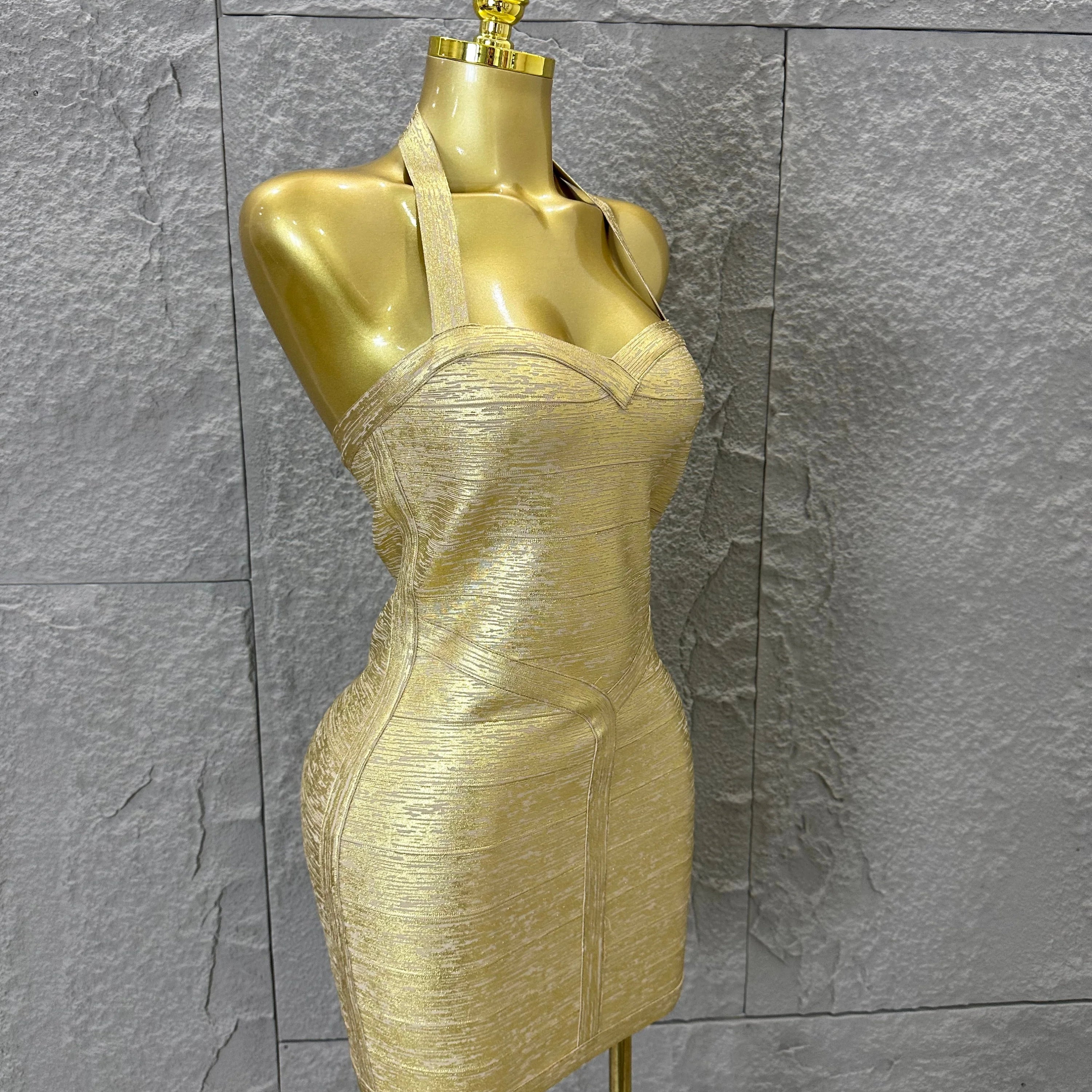Elegant Gold Metallic Bandage Mini Dress Women Halter Neck Sweetheart Bodycon Formal Event Cocktail Party Costume