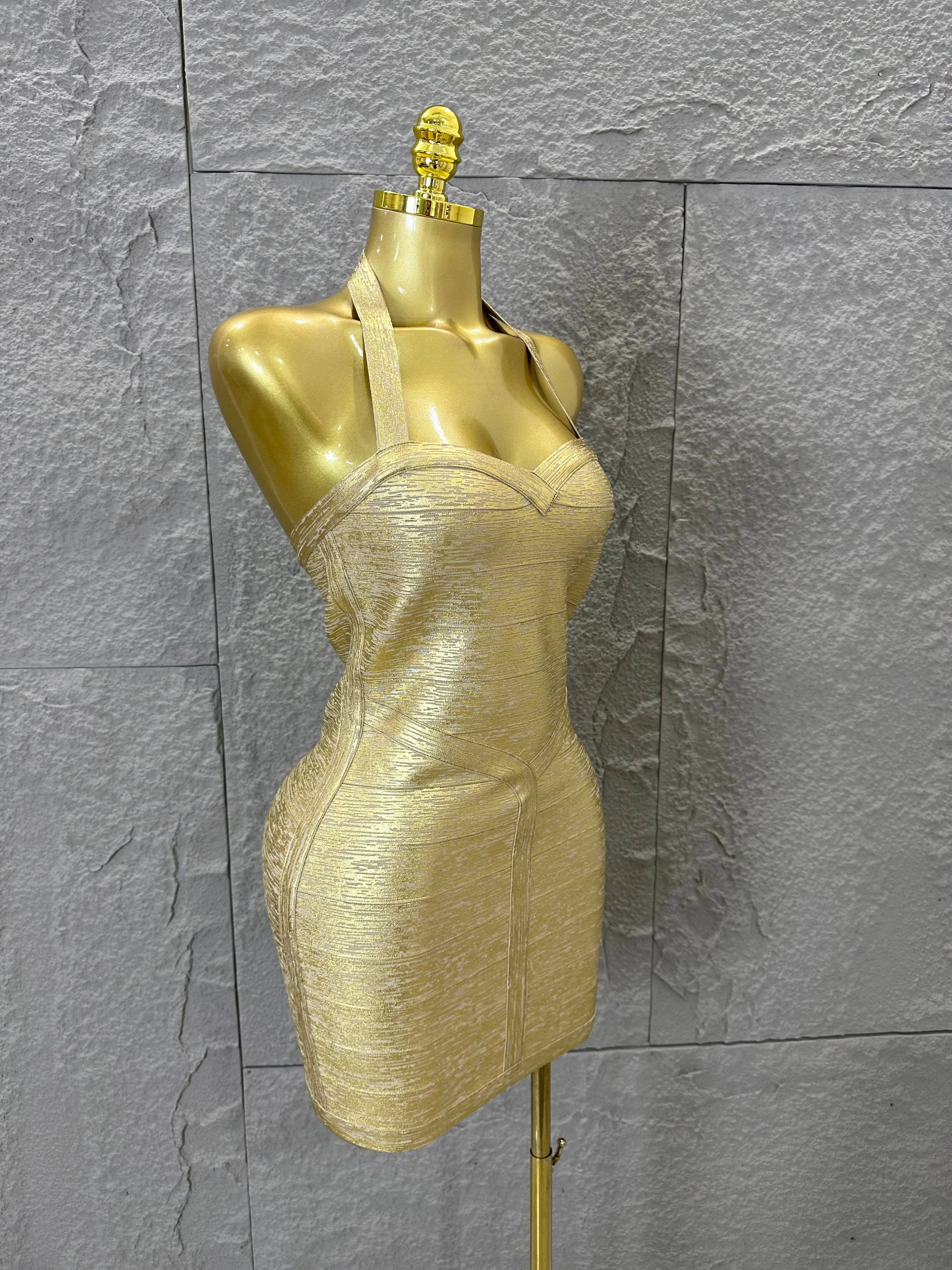 Elegant Gold Metallic Bandage Mini Dress Women Halter Neck Sweetheart Bodycon Formal Event Cocktail Party Costume