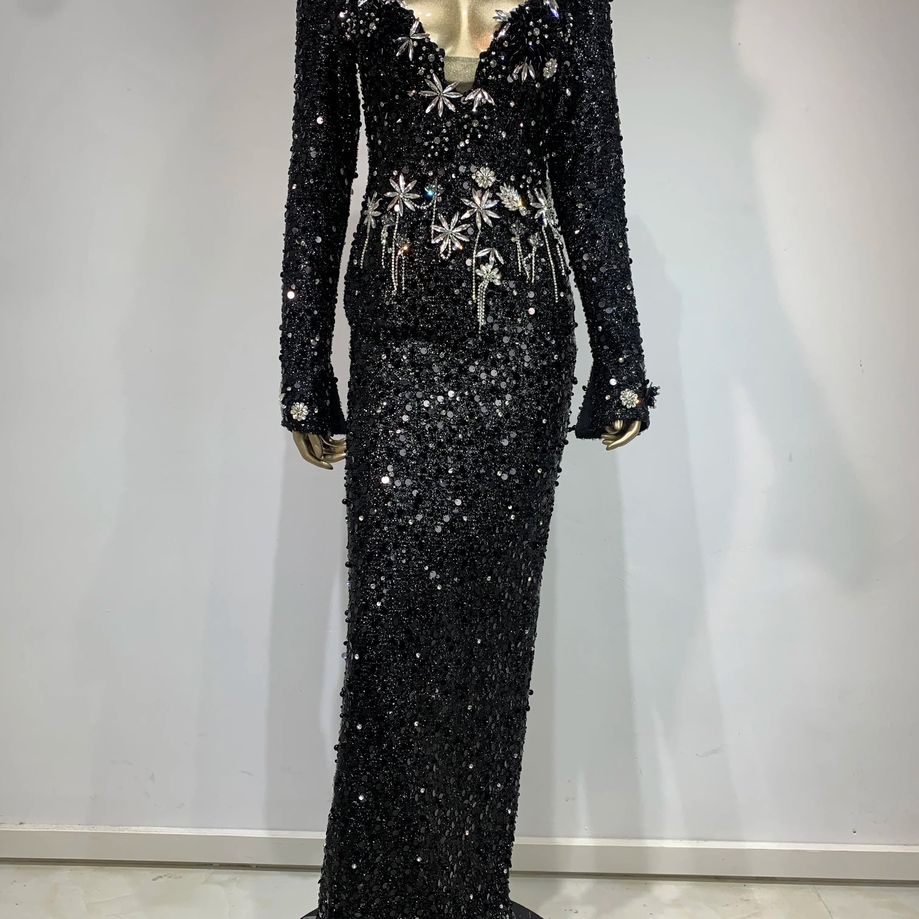 Women Celebrity Sexy Long Sleeve Sequins Diamonds Crystal Sparkly Maxi Long Gowns Dress 2024 Elegant Evening Party Club Vestido