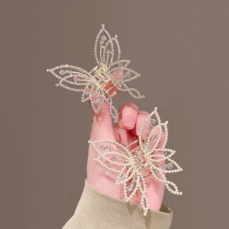1Piece Butterfly Scrunchy Clip Hair Accessory Back Of The Head Plate Hair Clip Elegant Temperament Pearl Rhinestone Advanced Se