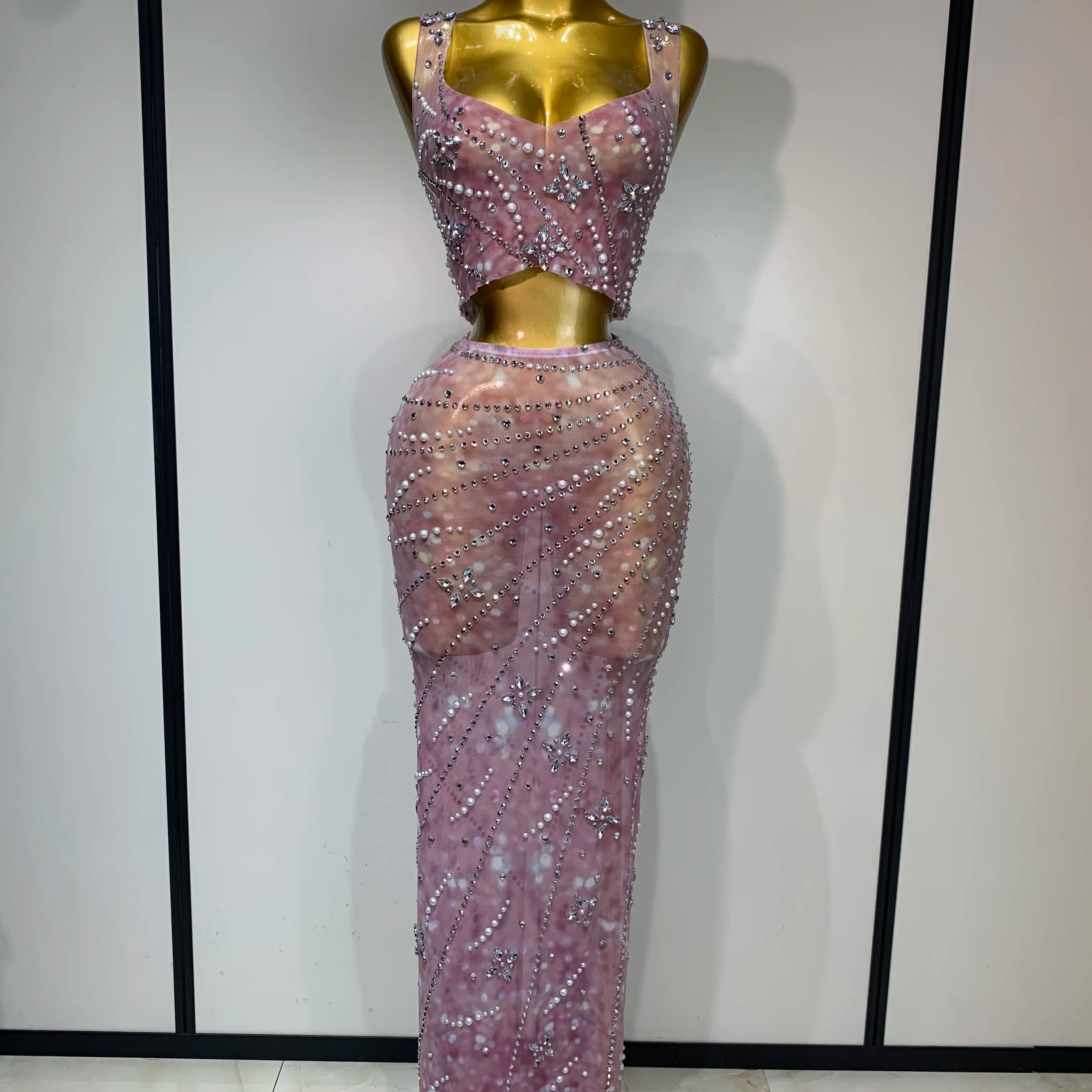 Sparkly Rhinestones Top Long Skirt Two Pieces Set Women Celebirty Luxury Birthday Dress Nightclub Stage Performance Costume Pink