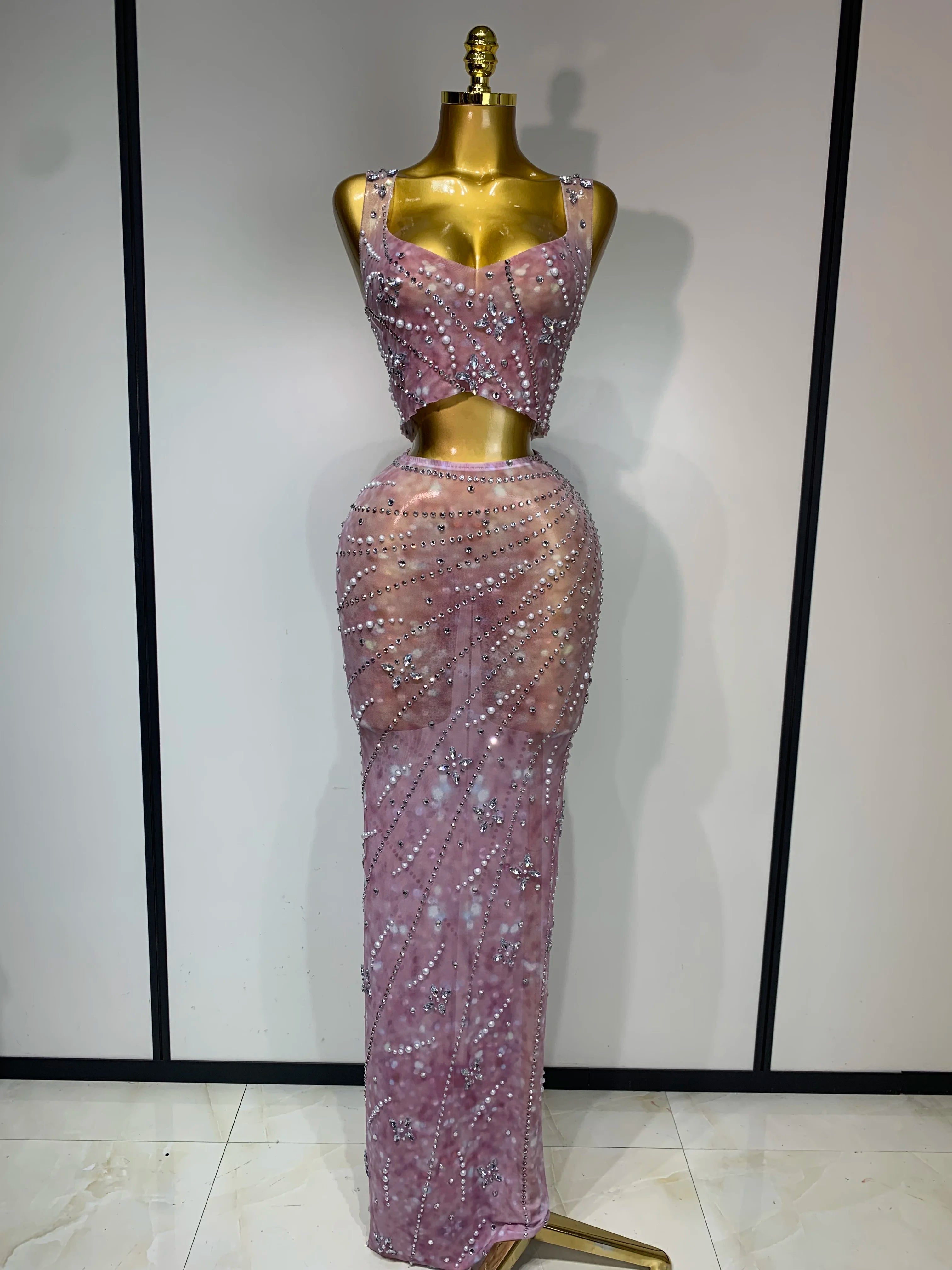 Sparkly Rhinestones Top Long Skirt Two Pieces Set Women Celebirty Luxury Birthday Dress Nightclub Stage Performance Costume Pink