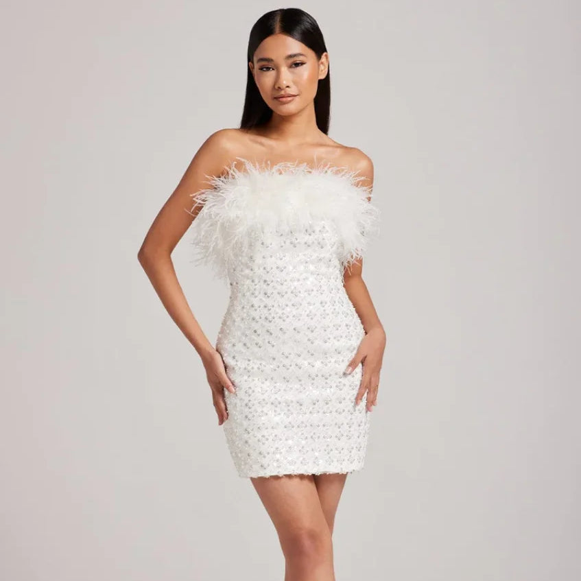 2024 New Luxury Feather Sequins Beading White Strapless Mini Dress Celebrity Birthday Party Evening Dress Wedding Party outfit WHITE
