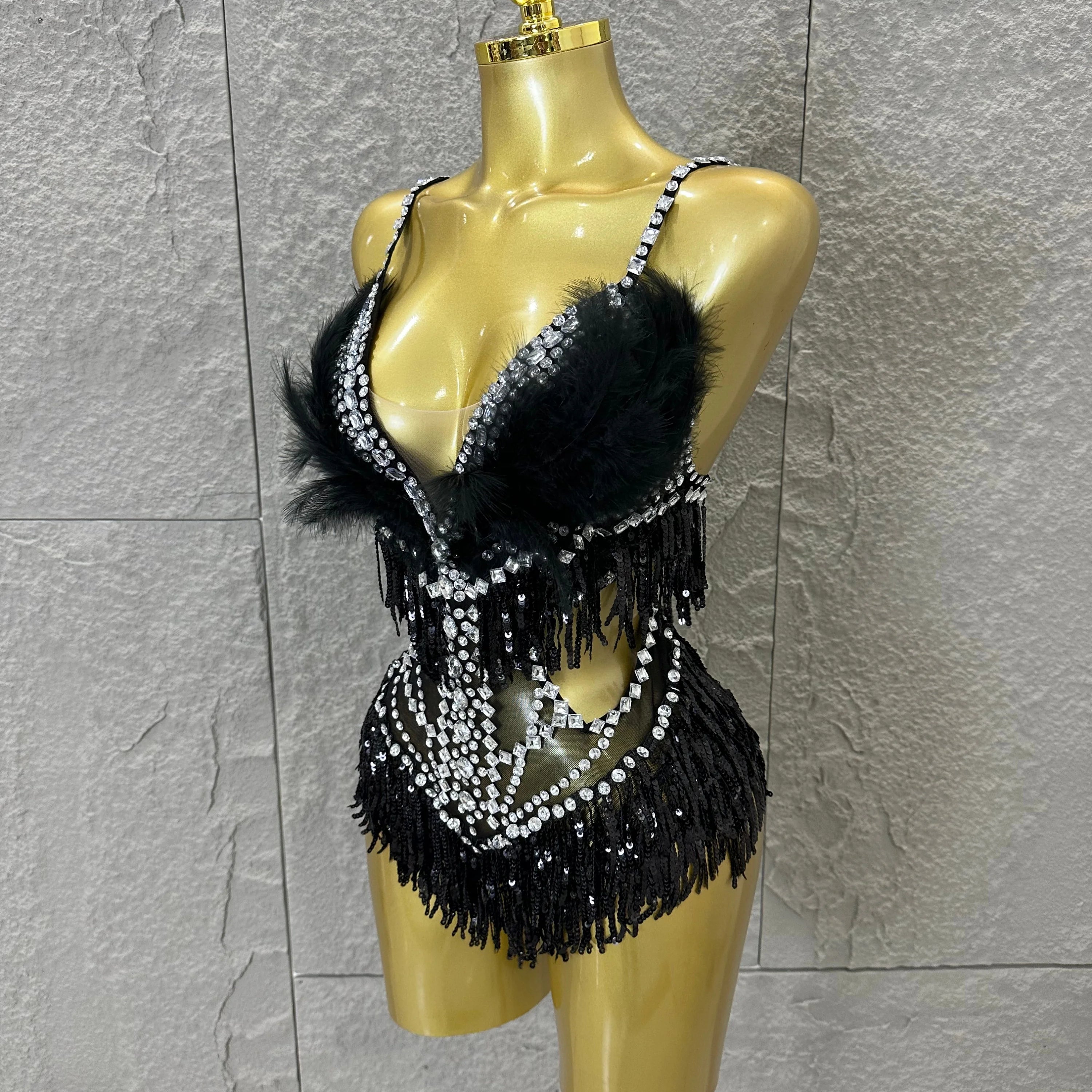 Luxurious Sheer Mesh Bodysuit Women Sexy Crystal Embellished Feather Fringe Trim Spaghetti Strap Outfit Stage Performance Outfit