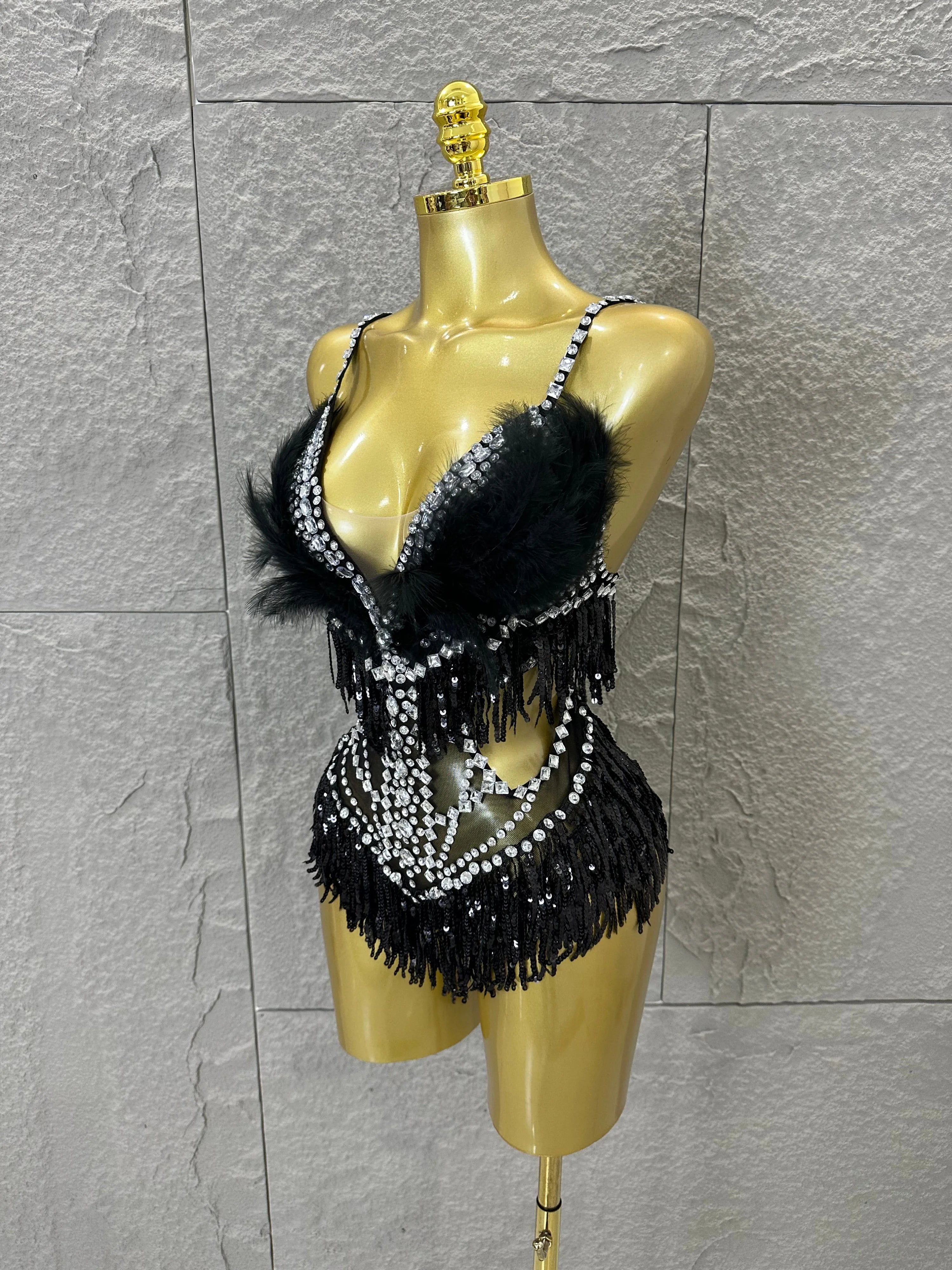 Luxurious Sheer Mesh Bodysuit Women Sexy Crystal Embellished Feather Fringe Trim Spaghetti Strap Outfit Stage Performance Outfit