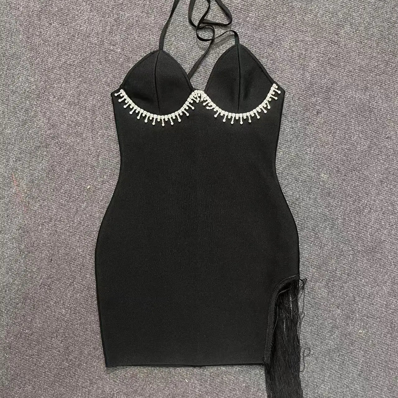 Red Black Women Sexy Halter Off the Shoulder Bodycon Mini Bandage Dress Tassel Celebrate Nightclub Party Bar Singer Outfit black