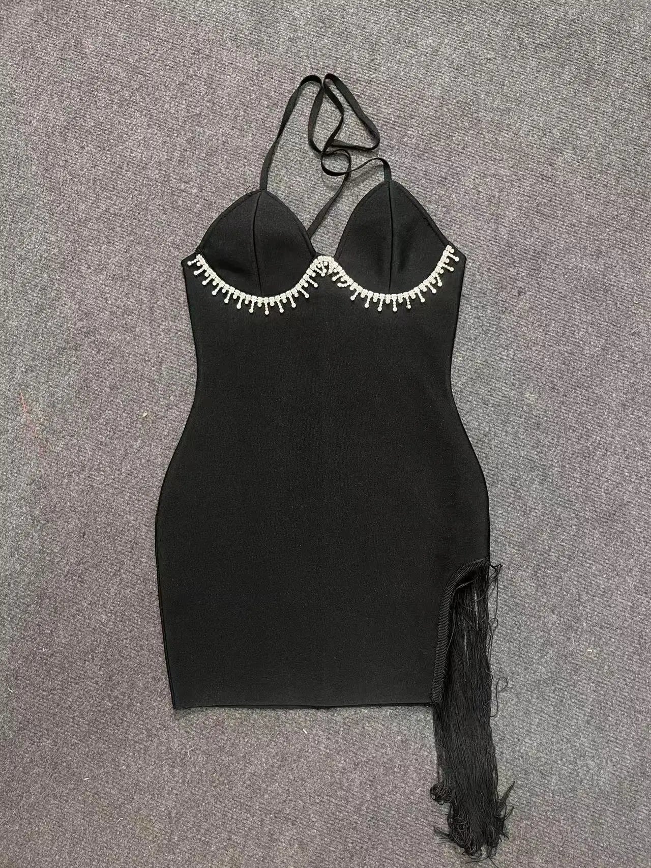 Red Black Women Sexy Halter Off the Shoulder Bodycon Mini Bandage Dress Tassel Celebrate Nightclub Party Bar Singer Outfit black