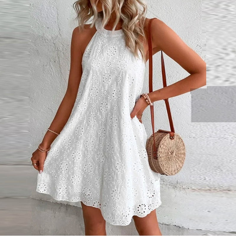Women's Mini Dress 2024 Summer Casual O Neck Sleeveless A-line Dresses Female Fashion Holiday Beach Party Loose Dresses Vestidos White