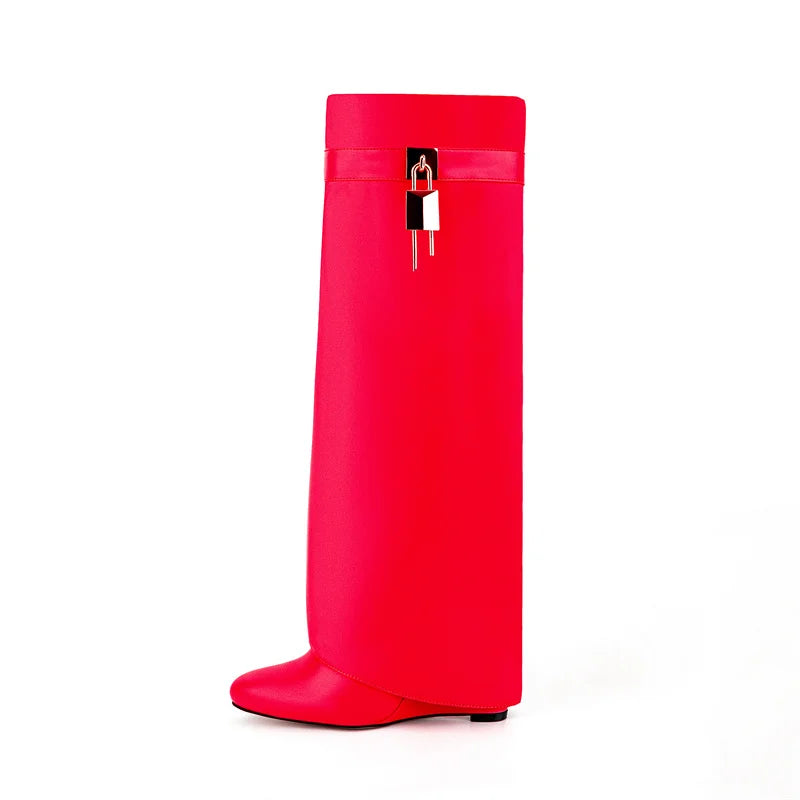 Lock Metal Buckle Women Knee High Boots Wedges Shoes For Woman Punk Style Round Toe Zipper Cowboy Boots Trend 2025 Female Shoes