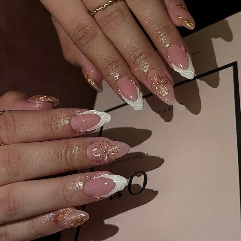 24Pcs/box Mid-length 3D Floral Pearl Design False Nail Sweet Flower Pattern Elegant Girls Wearing Press on Nails Manicure Tips 3