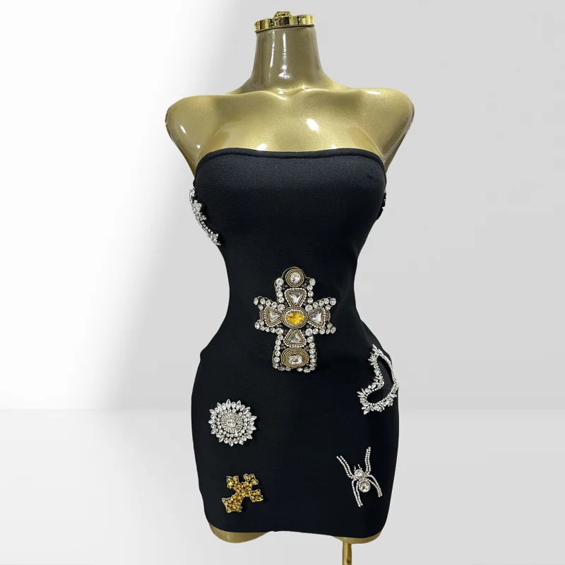 2025 Summer Luxury Diamonds Cross Strapless Sheath Black Bandage Mini Dress Fashion Woman Party Dress Music Festival Outfit black