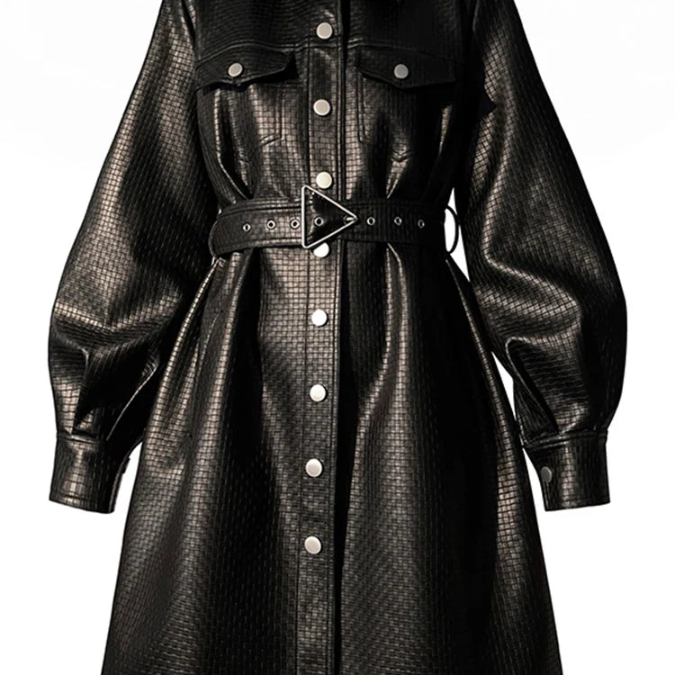 Lautaro-Women's Black Leather Shirt Jacket, Long Sleeve, Belt Pockets, Single Breasted, Loose, Casual, Luxury, Korean Fashion