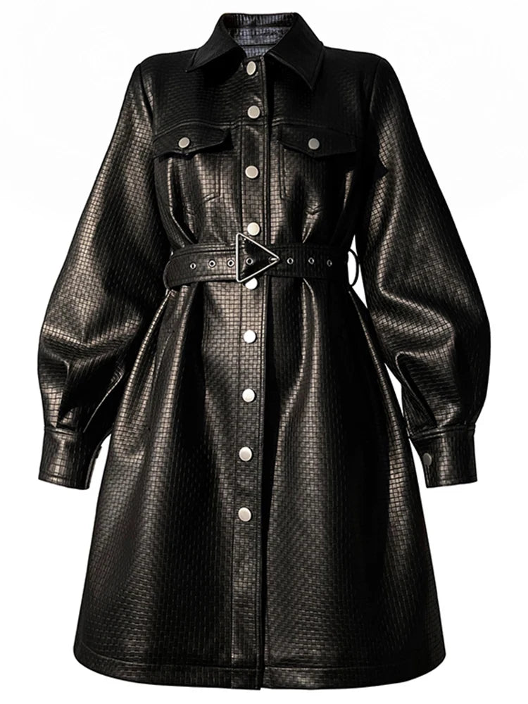 Lautaro-Women's Black Leather Shirt Jacket, Long Sleeve, Belt Pockets, Single Breasted, Loose, Casual, Luxury, Korean Fashion