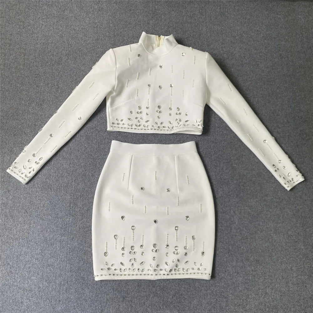 2025 Women's Wear Heavy Industry Beaded Design Mini Skirt Sets Standing Neck Long sleeved Short Top+Short Skirt Two piece Set White bandage