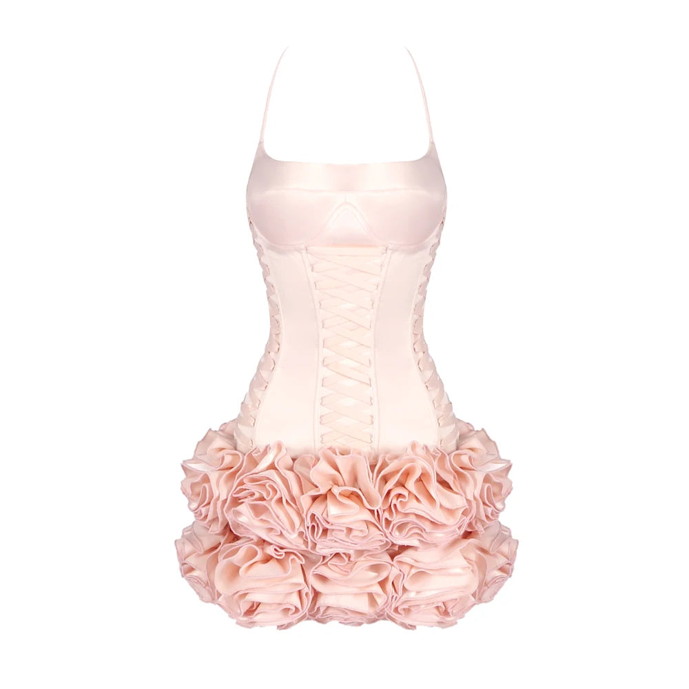 Dreamy Adorable Pastel Pink Two-Piece Set Dress Halter Corset Top and Ruffled Mini Skirt for Trendy Occasions Evening Gown Pink