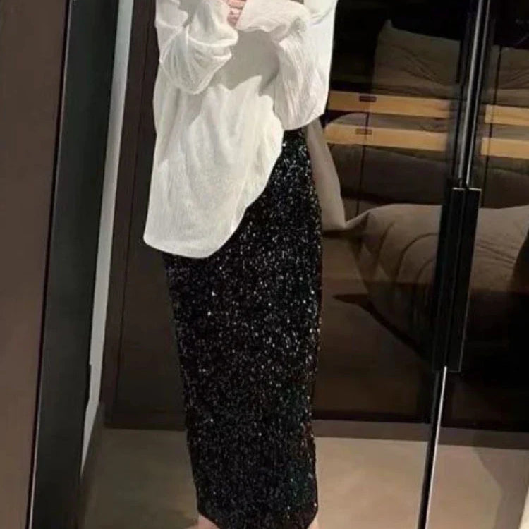 HOUZHOU Long Sequin Skirt Women Autumn Korean Elastic Waist Elegant Back Split Slim A-line Skirt with paillettes Evening Party
