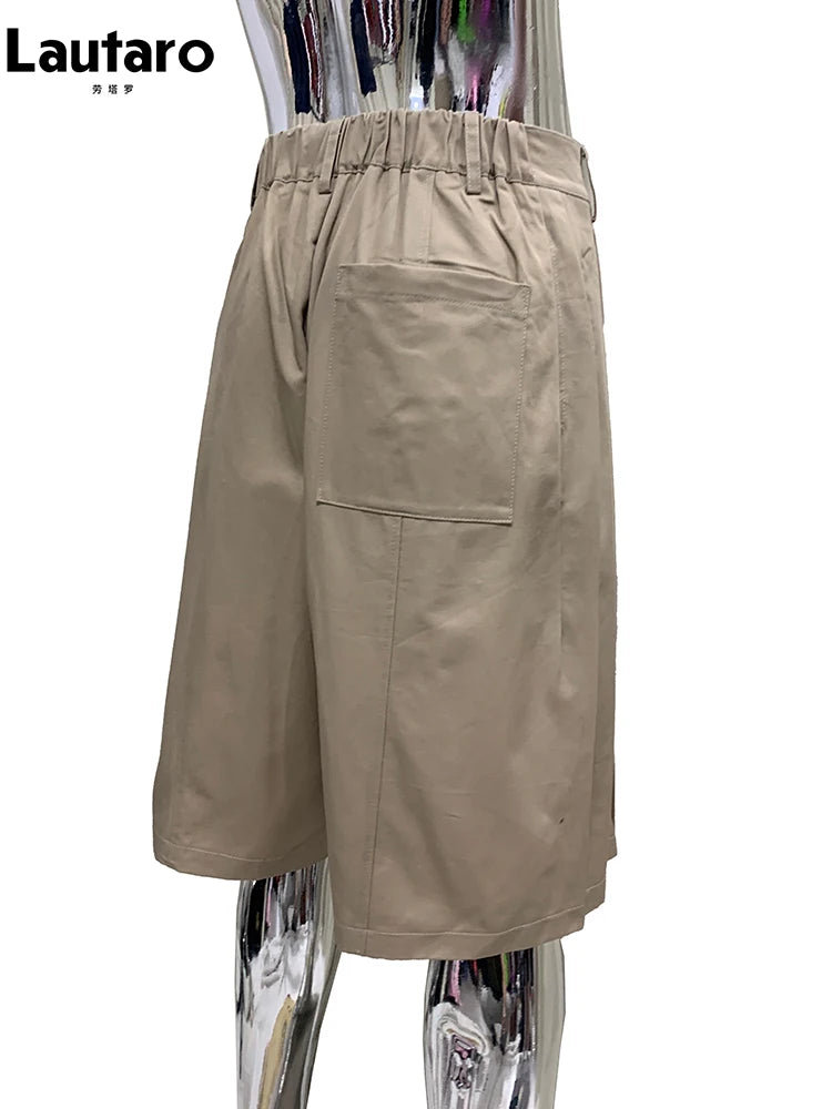 Lautaro Summer Autumn Baggy Khaki Wide Leg Shorts for Men Elastic Waist Loose Luxury Designer European Fashion Clothes 2025